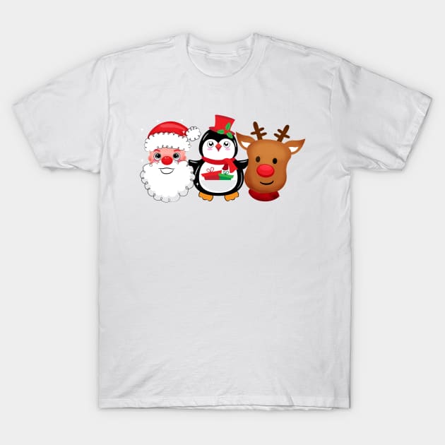 Santa Reindeer Rudolph Penguin Trio Christmas T-Shirt by lunamoonart